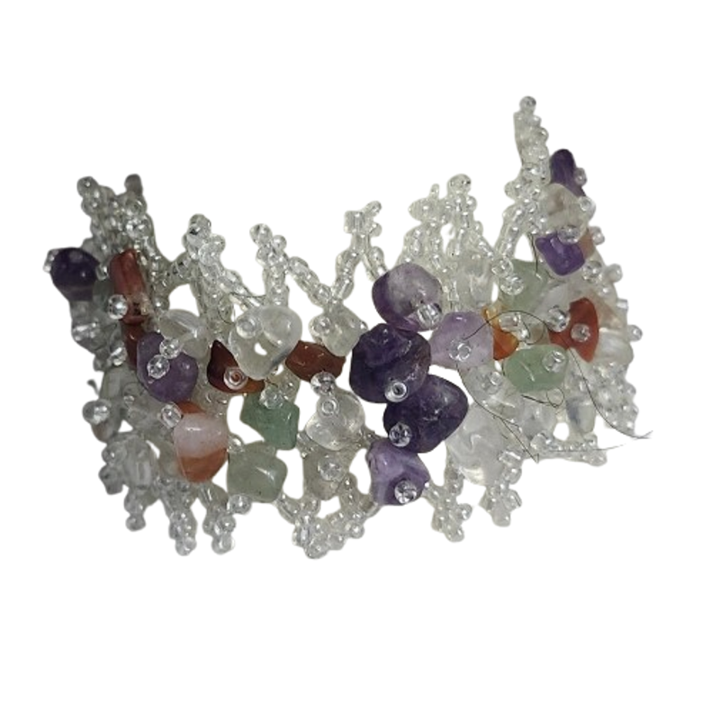 Vtg Handwoven Semi Precious Stone Seed Bead Adjustable Bracelet